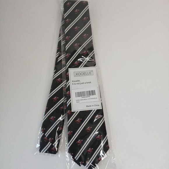 Kooelle Men's Jacquard Tie Horse Racing Tie 3.15" Black, Red, and White New - Picture 2 of 5